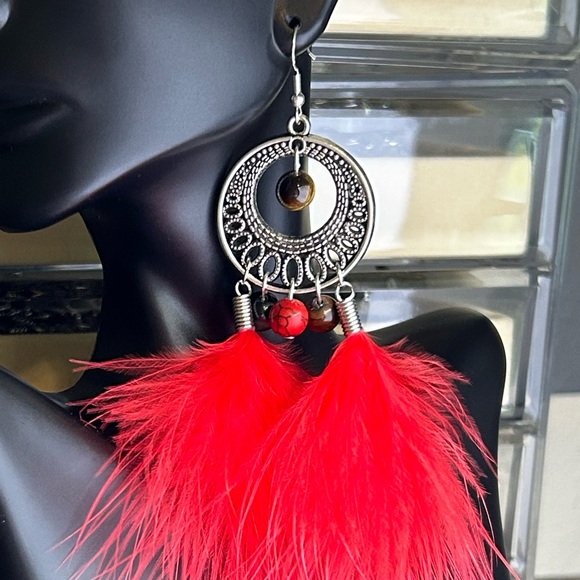 Handmade Red Feather Boho Earrings with Tiger Eye & Turquoise Gemstones! - Picture 3 of 5